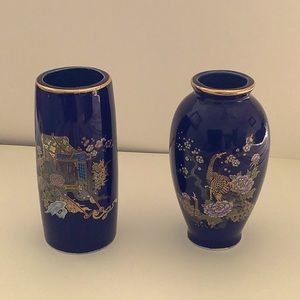 Japanese Cobalt Blue Flower Vases - Pair